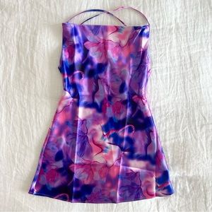 ASYOU Cowl Neck Satin Cami Mini Dress in Floral Water Print Swirl Print